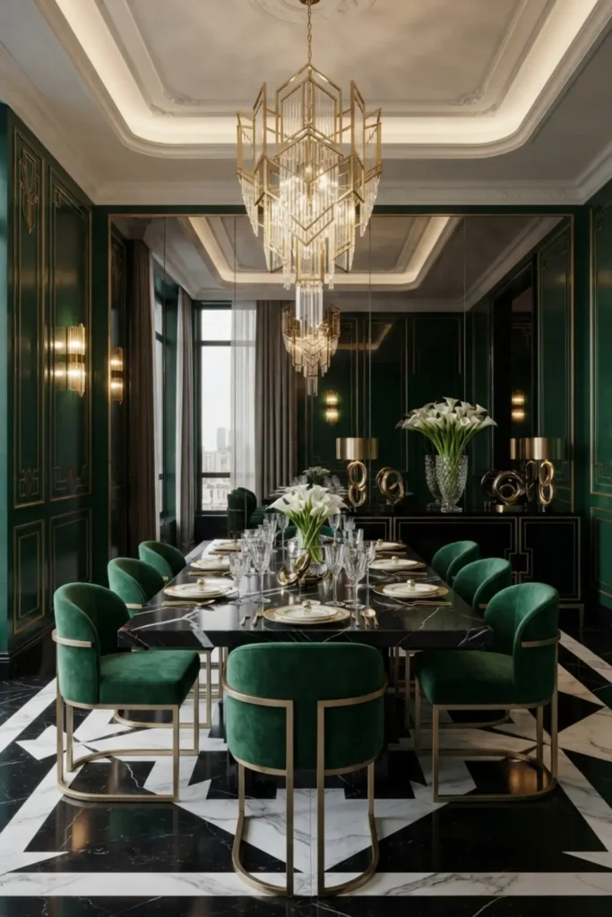 Add Art Deco Glamour with a Gold and Emerald Dining Room