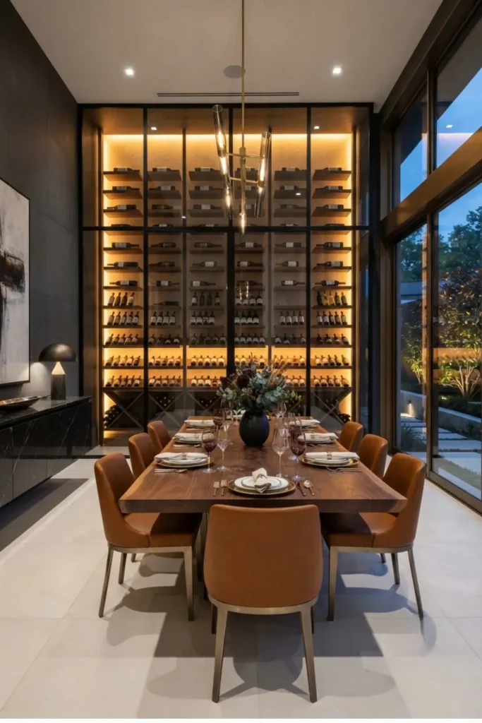 Create a Dramatic Dining Room with a Floor-to-Ceiling Wine Display