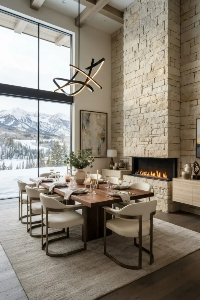 Design a Luxury Dining Room Around a Sculptural Stone Fireplace