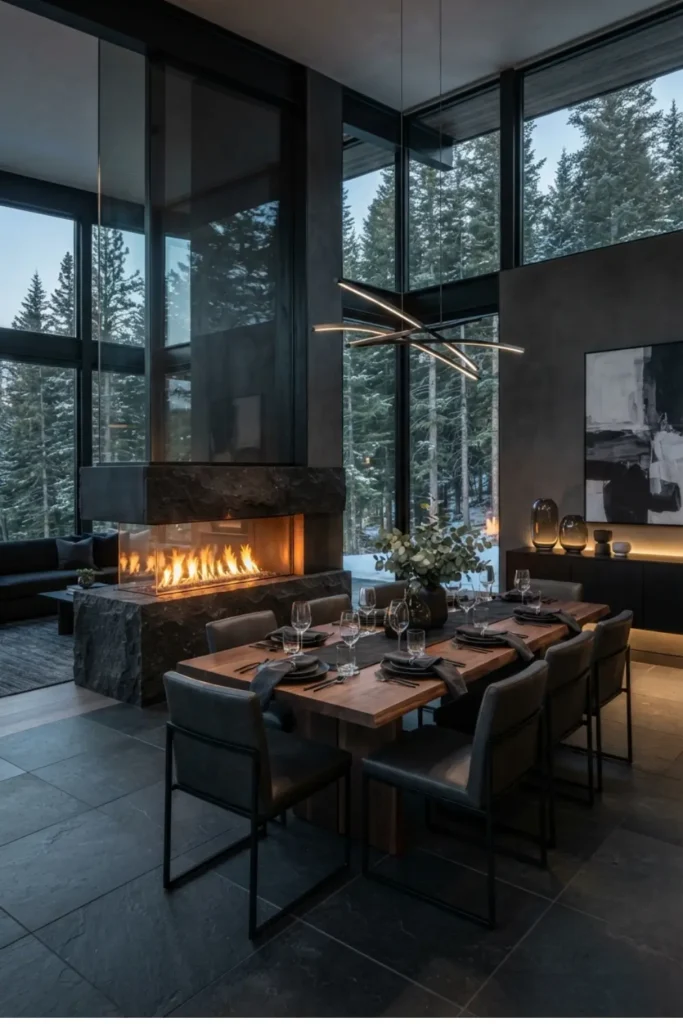 Design a Moody Dining Room with a Double-Sided Fireplace