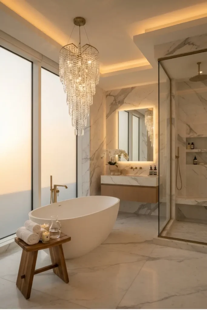 Elevate the Room with a Crystal Chandelier Above the Bathtub