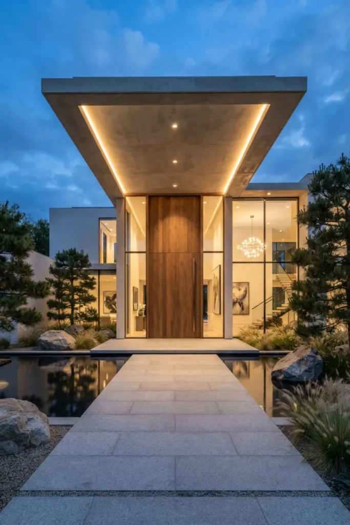 Finish with a Grand Pivot Door and Floating Canopy Entrance