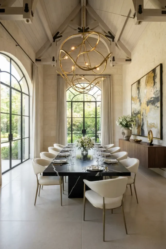 Make a Bold Statement with a Black Marble Cathedral Dining Room