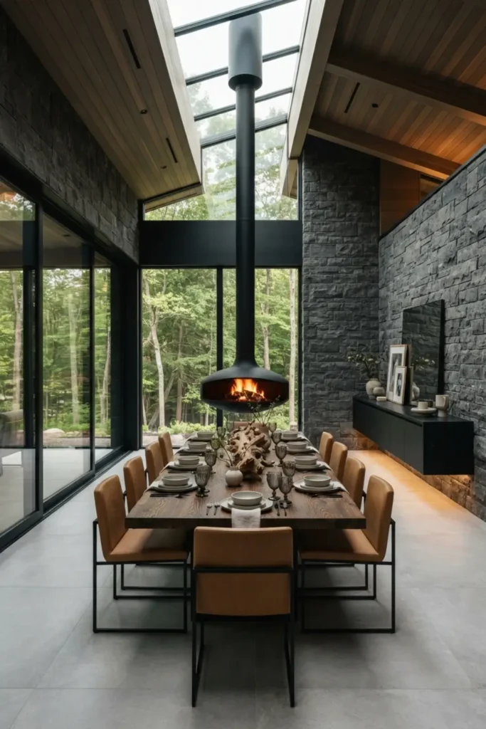 Make a Statement with a Suspended Fireplace Dining Room