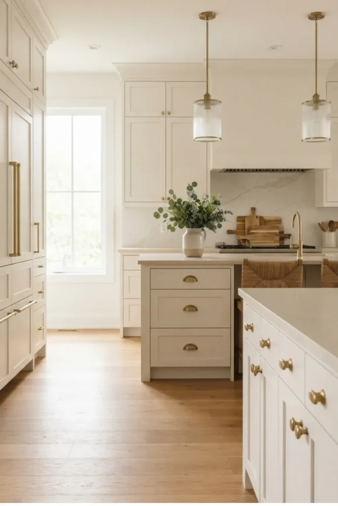 Create a premium, photorealistic Pinterest image for a luxury home decor website.
IMAGE SIZE:
1000 × 1500 pixels
2:3 vertical Pinterest format
MAIN CONCEPT:
A sophisticated modern kitchen where upgraded cabinet hardware is the main visual focus.
Show:
- Elegant warm-white shaker kitchen cabinets
- Beautiful brushed brass cabinet handles and knobs
- Large kitchen island
- Light beige quartz countertop
- Subtle white marble backsplash with delicate veining
- Warm natural oak flooring
- Minimal brass faucet
- Two elegant pendant lights above the island
- Small ceramic vase with fresh greenery
- A few neatly arranged wooden cutting boards
- Soft natural sunlight entering through a large window
IMPORTANT:
Make the cabinet handles and knobs clearly visible and realistic.
The hardware should look premium and expensive, but still practical and believable.
COMPOSITION:
Use a professional interior photography composition.
Camera at eye level.
Show enough of the kitchen to understand the overall design while keeping the cabinet hardware visually noticeable.
Create a balanced, uncluttered composition with beautiful depth.
STYLE:
Luxury interior design magazine
Modern European kitchen
Warm minimalism
High-end architectural photography
Natural realistic lighting
Sophisticated neutral color palette
Premium editorial photography
Ultra-realistic materials and textures
Crisp details
Photorealistic 8K quality
COLORS:
Warm white
Cream
Natural oak
Soft beige
Brushed brass
DO NOT INCLUDE:
People
Text
Words
Letters
Watermarks
Logos
Brand names
Excessive decorations
Artificial-looking furniture
Distorted cabinet handles
Unrealistic objects
Overly dramatic lighting